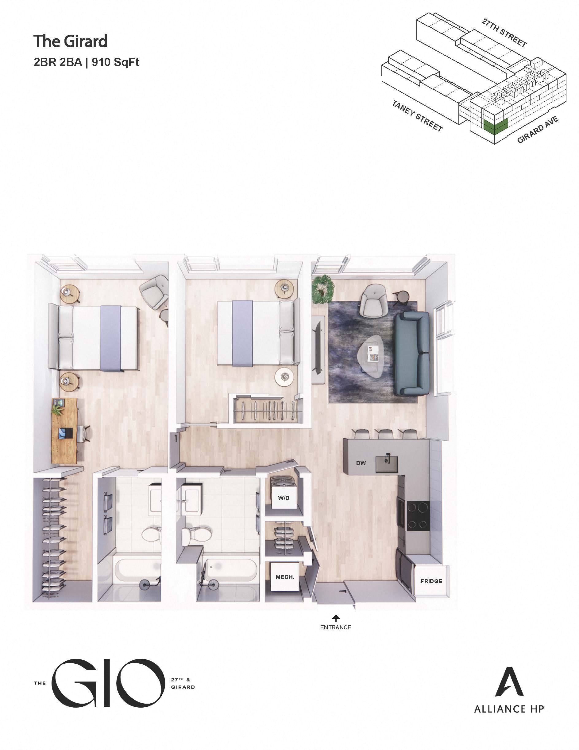 Floor plan for 2 beds, 2 baths, 910 sqft